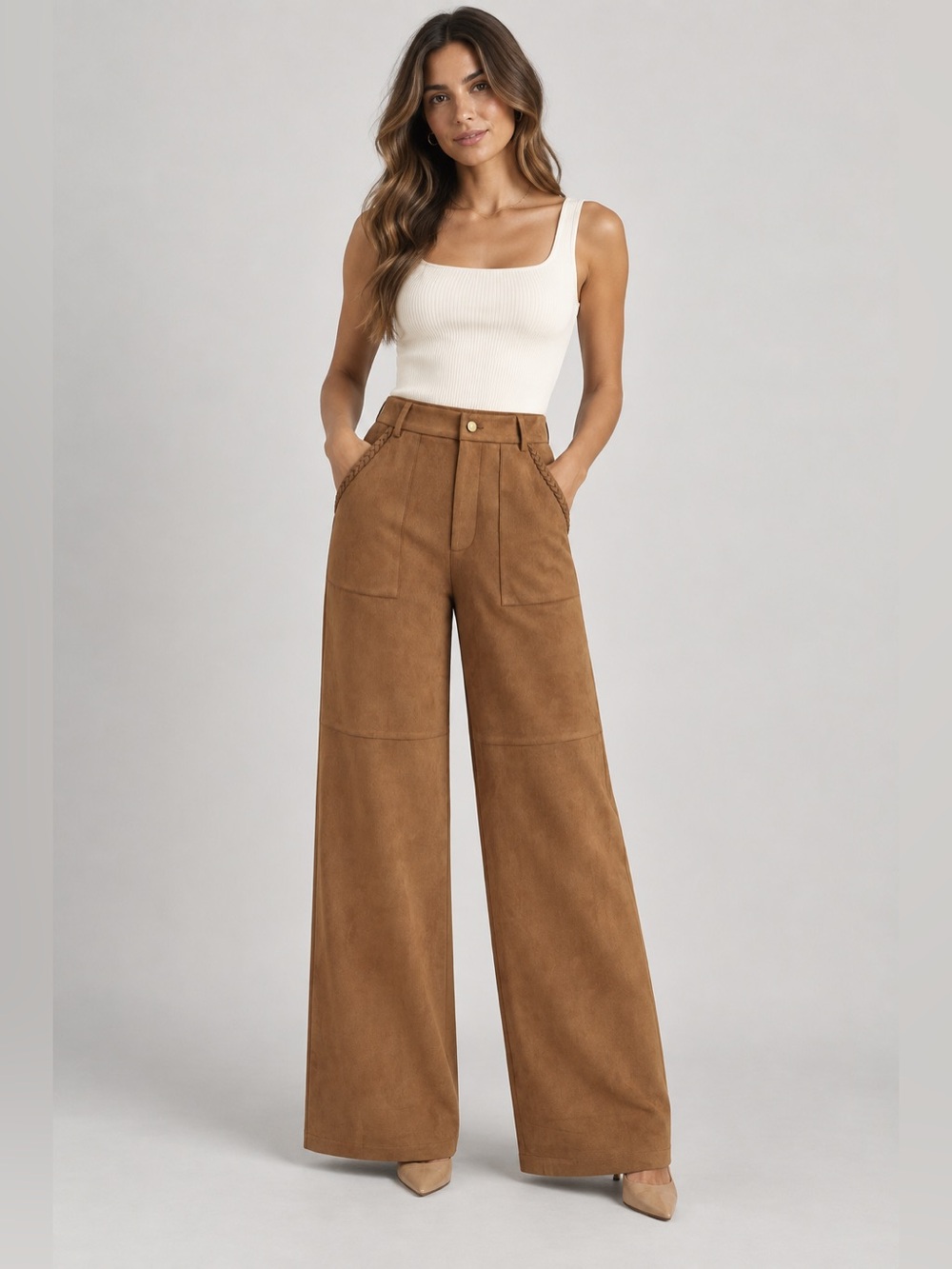 COMMENSE Braided Detail Faux Suede Wide Leg Pants
